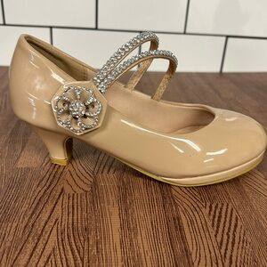 Link Girls Size 3 Nude Patent Mary Jane Heels Rhinestone Strap Dress Shoes